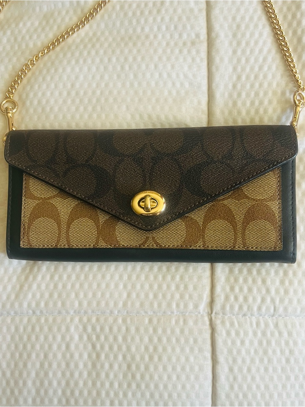 Coach Two-Tone Signature Chain Wallet in Brown and Tan